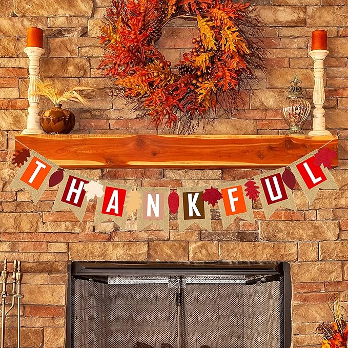 Thankful Burlap Banner Fall Autumn Maple Leaves Rustic Burlap Harvest Banner Mantel Fireplace Wall Hanging for Home Office School Party Decor Thanksgiving Decoration