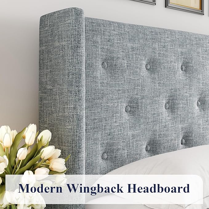 Allewie Full Size Lift Up Storage Bed, Button Tufted Headboard with Wingback, Hydraulic Support, No Box Spring Needed, Grey Blue