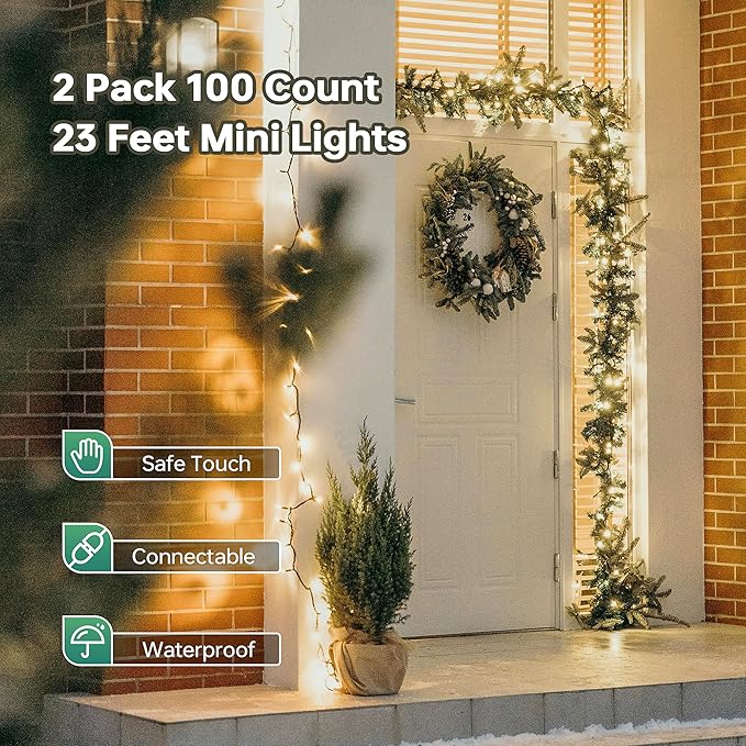 YOUNGAR Christmas Clear Outdoor Lights, 2 Pack 23FT 100 Green Wire Connectable Incandescent Mini UL Approved Tree Light for Xmas Home Patio Holiday Party Garden Decor (Warm White)