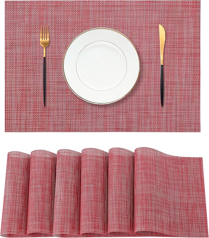 Leetaltree Red Placemats Set of 6 - Heat Resistant Non-Slip Place mats for Dining Table, Washable Durable PVC Vinyl Woven Table Mats（Red, 6）