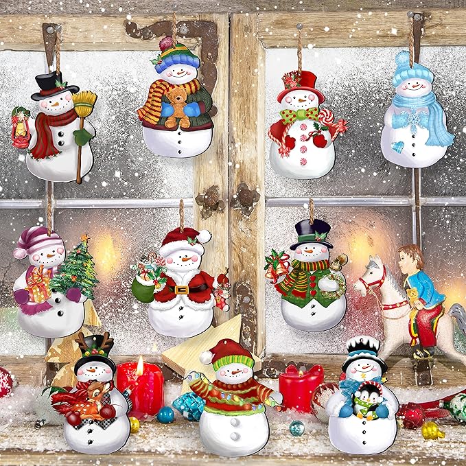 24 Pieces Christmas Snowman Wooden Ornaments Wood Hanging Decoration Set for Christmas Tree Hanging Wood Crafts Holiday Decor Xmas Party Supplies