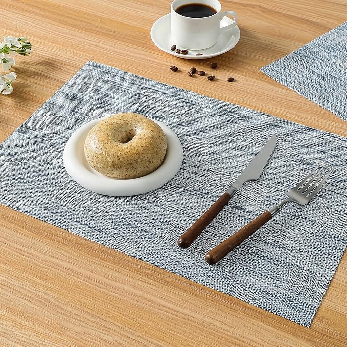 Leetaltree Jacquard Blue Placemats Set of 12 - Heat Resistant Non-Slip Place mats for Dining Table, Washable Durable PVC Vinyl Woven Table Mats（Jacquard Blue, 12）