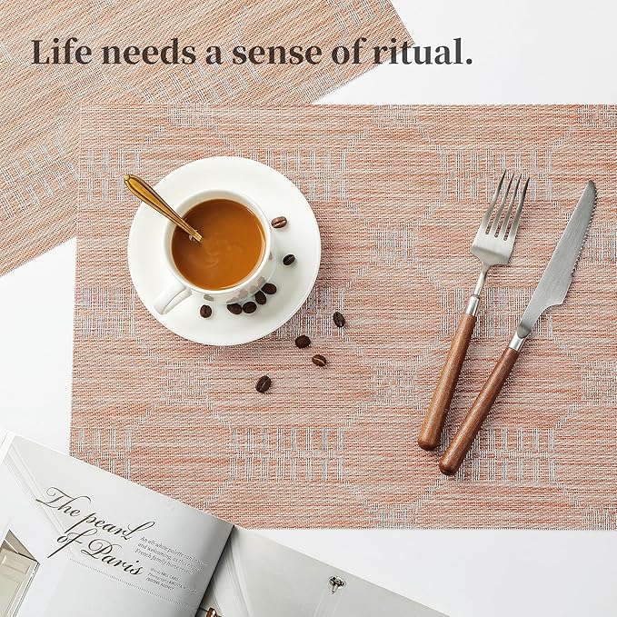 Leetaltree Coral Placemats Set of 4 - Heat Resistant Non-Slip Place mats for Dining Table, Washable Durable PVC Vinyl Woven Table Mats（Coral, 4）