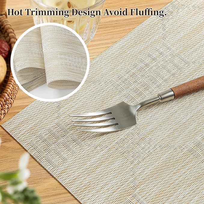 Leetaltree Wheat Placemats Set of 6 - Heat Resistant Non-Slip Place mats for Dining Table, Washable Durable PVC Vinyl Woven Table Mats（Wheat, 6）