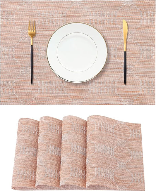 Leetaltree Coral Placemats Set of 4 - Heat Resistant Non-Slip Place mats for Dining Table, Washable Durable PVC Vinyl Woven Table Mats（Coral, 4）