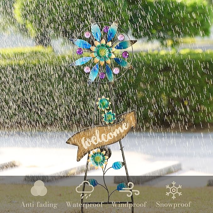 TERESA'S COLLECTIONS Peacock Garden Decor Solar Stake, Wind Spinner for Outdoor Decorations, Metal Windmill Blue Floral Yard Art Sign Decorative Garden Stake for Lawn Ornaments, Gifts for Mom, 26''