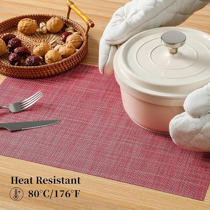 Leetaltree Red Placemats Set of 8 - Heat Resistant Non-Slip Place mats for Dining Table, Washable Durable PVC Vinyl Woven Table Mats（Red, 8）