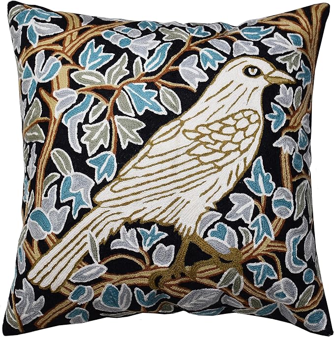 Cream Floral French Style Modern Floral Throw Pillow Cover - Hand Embroidered - 18x18 - White, Multicolor - Living Room, Bedroom, Outdoors, Accent, Home Staging