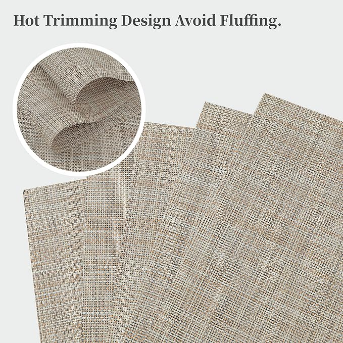 Leetaltree Linen Yellow Placemats Set of 8 - Heat Resistant Non-Slip Place mats for Dining Table, Washable Durable PVC Vinyl Woven Table Mats（Linen Yellow, 8）