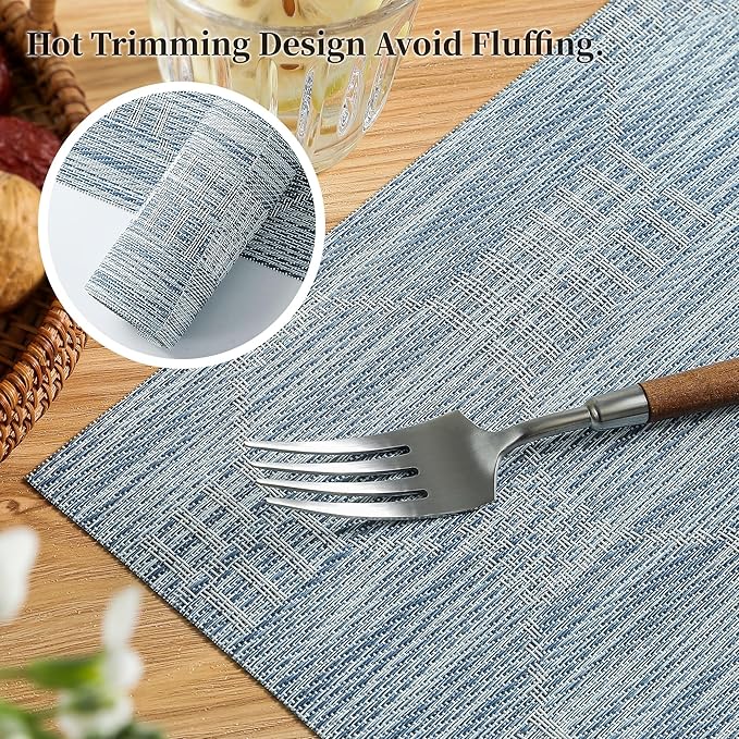 Leetaltree Jacquard Blue Placemats Set of 8 - Heat Resistant Non-Slip Place mats for Dining Table, Washable Durable PVC Vinyl Woven Table Mats(Jacquard Blue, 8)