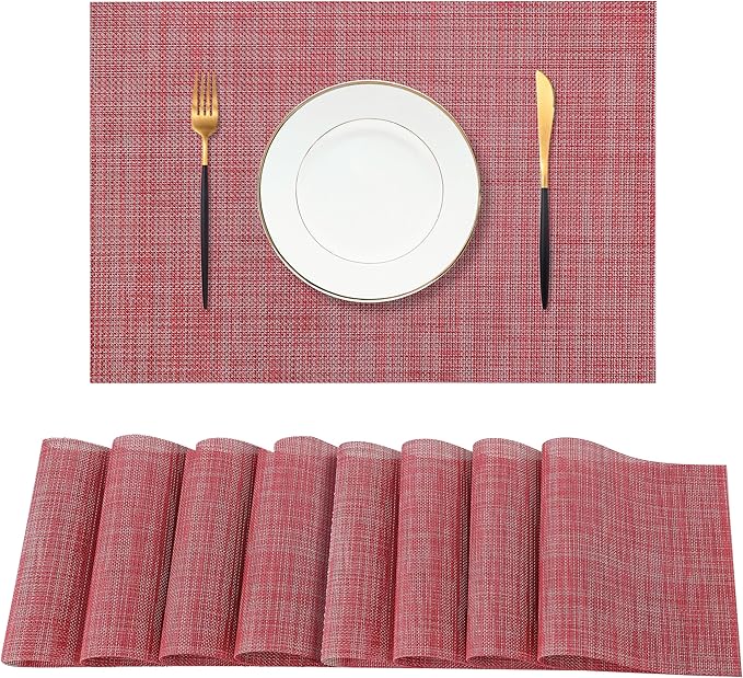Leetaltree Red Placemats Set of 8 - Heat Resistant Non-Slip Place mats for Dining Table, Washable Durable PVC Vinyl Woven Table Mats（Red, 8）