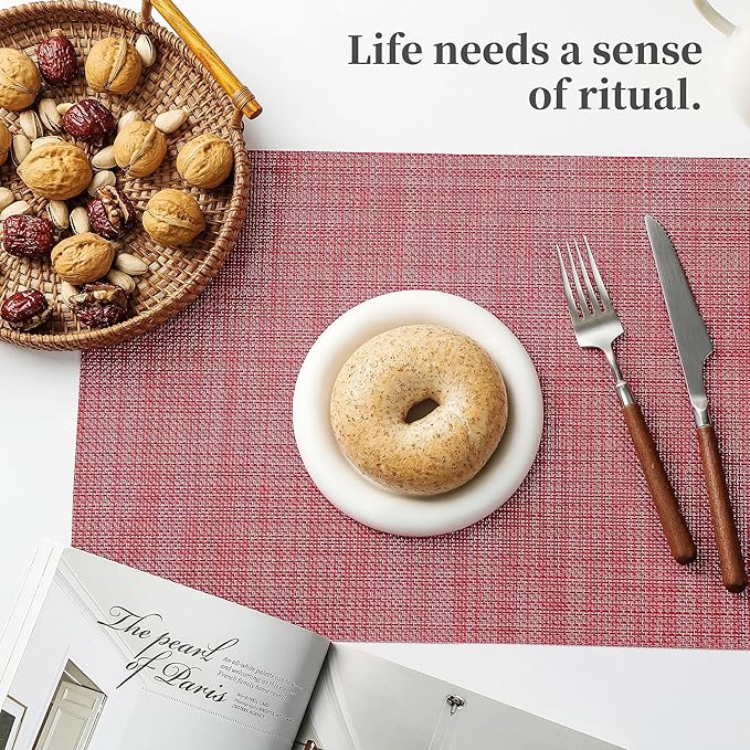 Leetaltree Red Placemats Set of 4 - Heat Resistant Non-Slip Place mats for Dining Table, Washable Durable PVC Vinyl Woven Table Mats（Red, 4）