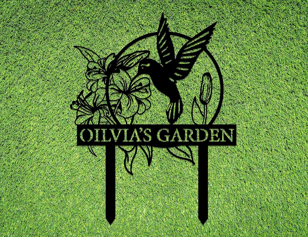 Custom Hummingbird Metal Garden Decor, Personalized Bird with Stakes Garden Sign, Flower Design Personalized Garden Sign, Custom Garden Name Sign, Home Gift, Large Outdoor Decor, Patio Decor