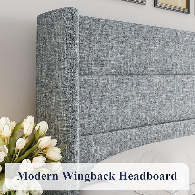 Allewie Queen Size Lift Up Storage Bed, Modern Wingback Headboard, Hydraulic Support, No Box Spring Needed, Grey Blue