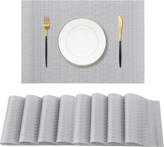 Leetaltree Lunar Grey Placemats Set of 8 - Heat Resistant Non-Slip Place mats for Dining Table, Washable Durable PVC Vinyl Woven Table Mats（Lunar Grey, 8）