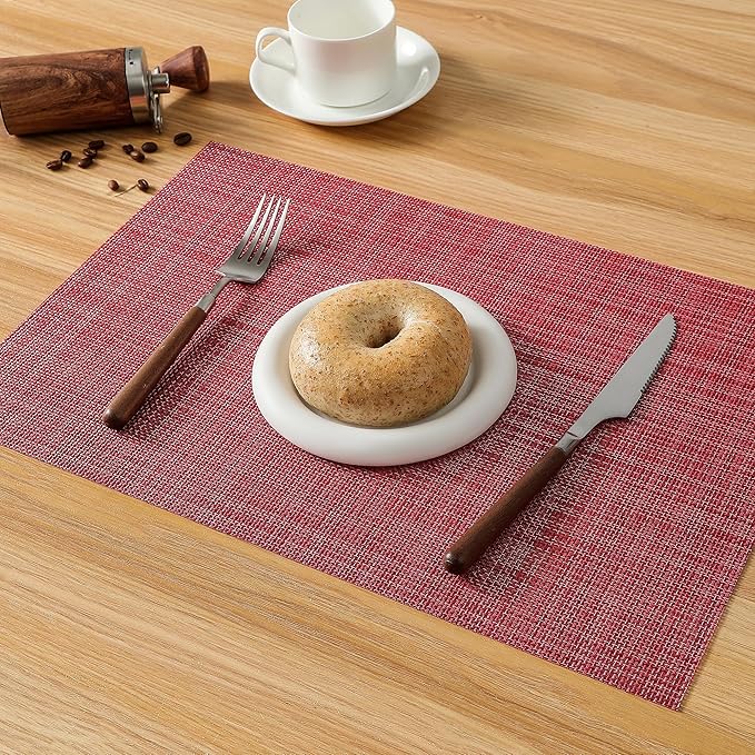 Leetaltree Red Placemats Set of 12 - Heat Resistant Non-Slip Place mats for Dining Table, Washable Durable PVC Vinyl Woven Table Mats（Red, 12）