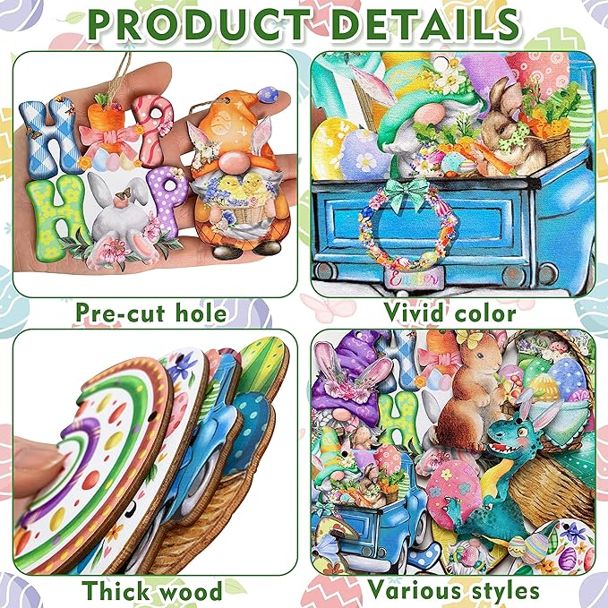 24 Wooden Hanging Ornaments, Hanging Decor for Tree, Happy Easter Egg Gnome Bunny Wooden Craft Spring Party Supplies Home Decor