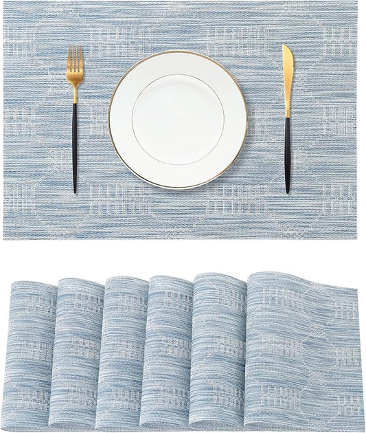 Leetaltree Alice Blue Placemats Set of 6 - Heat Resistant Non-Slip Place mats for Dining Table, Washable Durable PVC Vinyl Woven Table Mats（Jacquard Blue, 6）