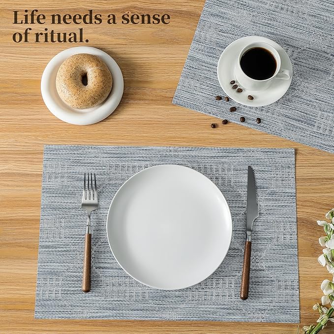 Leetaltree Jacquard Blue Placemats Set of 8 - Heat Resistant Non-Slip Place mats for Dining Table, Washable Durable PVC Vinyl Woven Table Mats(Jacquard Blue, 8)