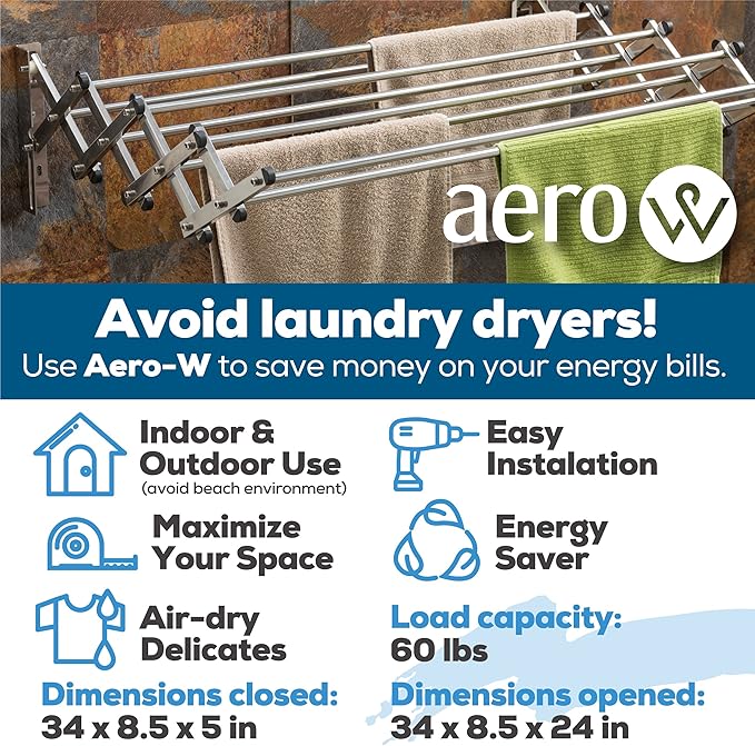 AERO W Racks Stainless Steel Wall Mounted Collapsible Laundry Clothes Drying Rack 60 Pound Capacity 22.5 Linear Ft