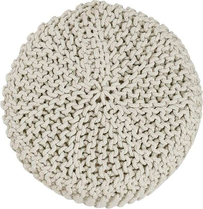 REDEARTH Cylindrical Hand Knitted Pouf - Foot Stool Ottoman - Cord Boho Pouffe - Cotton Round Poof for Home Decor - Living Room - Nursery - Bedroom - Patio (16" x 16" x 16") - Ivory