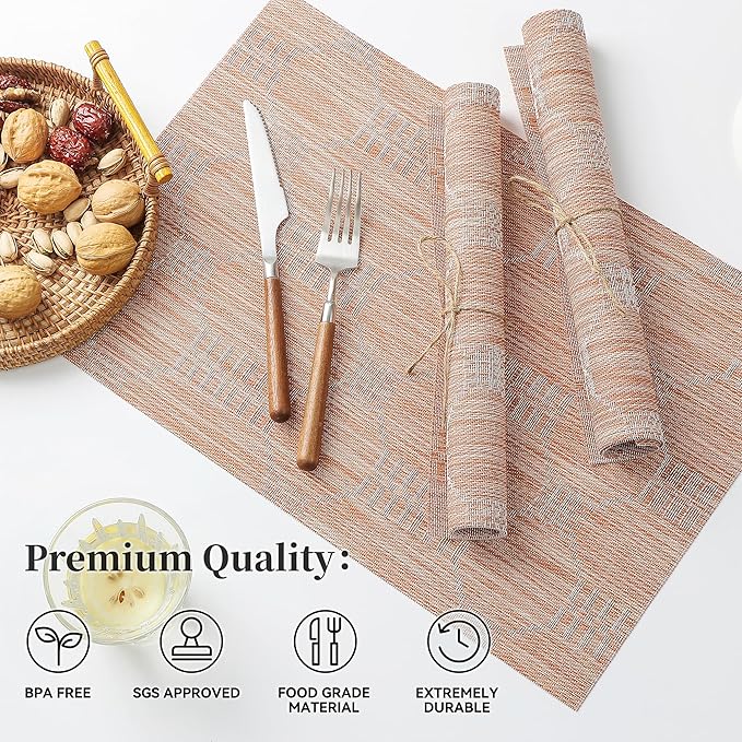 Leetaltree Coral Placemats Set of 12 - Heat Resistant Non-Slip Place mats for Dining Table, Washable Durable PVC Vinyl Woven Table Mats（Coral, 12）