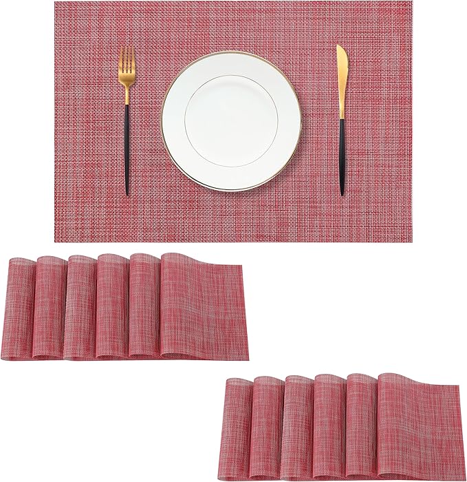 Leetaltree Red Placemats Set of 12 - Heat Resistant Non-Slip Place mats for Dining Table, Washable Durable PVC Vinyl Woven Table Mats（Red, 12）