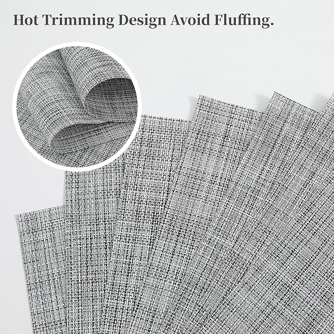 Leetaltree Linen Grey Placemats Set of 12 - Heat Resistant Non-Slip Place mats for Dining Table, Washable Durable PVC Vinyl Woven Table Mats（Linen Grey, 12）