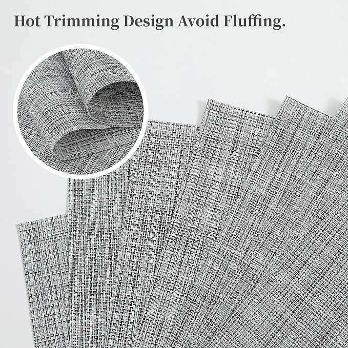 Leetaltree Linen Grey Placemats Set of 4 - Heat Resistant Non-Slip Place mats for Dining Table, Washable Durable PVC Vinyl Woven Table Mats（Linen Grey, 4）