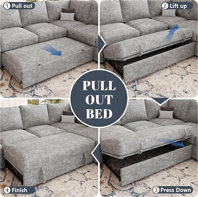 108 Inch Modular Sectional Sofa with Pull Out Bed,U Shaped 7 Seat Sectional Sleeper Sofa with Storage,Sectional Couches for Living Room,Cloud Modular Couch,Removable Sofa Cover,Light Gray