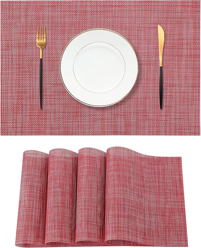 Leetaltree Red Placemats Set of 4 - Heat Resistant Non-Slip Place mats for Dining Table, Washable Durable PVC Vinyl Woven Table Mats（Red, 4）