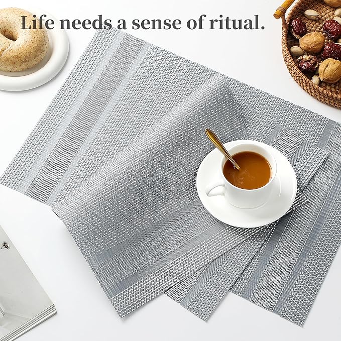 Leetaltree Lunar Grey Placemats Set of 8 - Heat Resistant Non-Slip Place mats for Dining Table, Washable Durable PVC Vinyl Woven Table Mats（Lunar Grey, 8）