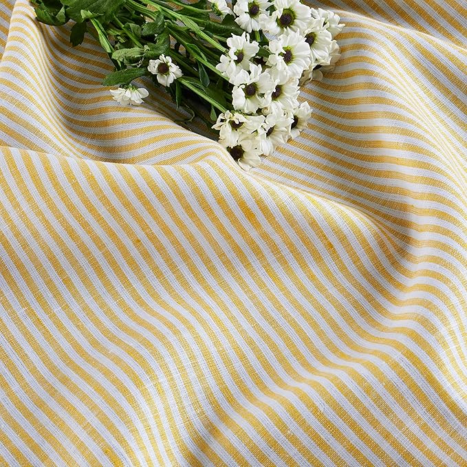 Solino Home Linen Tablecloth 60 x 108 Inch - Narrow Stripe 100% Pure Linen Spicy Mustard and White Table Cloth for Rectangle Tables - Machine Washable Tablecloth