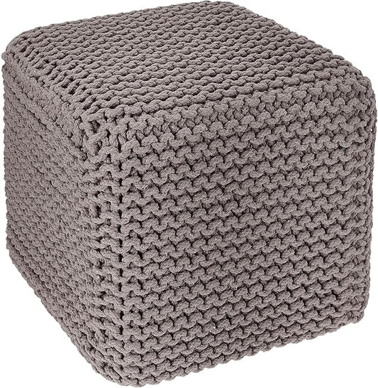 REDEARTH Cube Hand Knitted Pouf - Foot Stool Ottoman - Cord Boho Pouffe - Poof Accent Stuffed Table or Footrest for Living Room - Nursery - Bedroom - Patio - 100% Cotton (16" x 16" x 16") - Taupe
