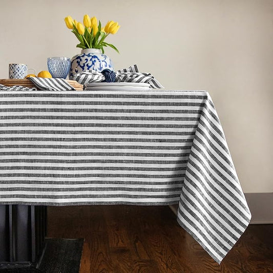 Solino Home Linen Tablecloth 60 x 108 Inch - Amalfi Stripe 100% Pure Linen Black and White Table Cloth for Rectangle Tables - Machine Washable Tablecloth for Fall, Autumn, Halloween, Thanksgiving